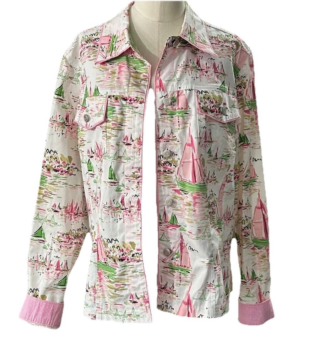 Three Sisters Sailboat Jacket Women's M Pink Green Nautical Preppy Novelty Print